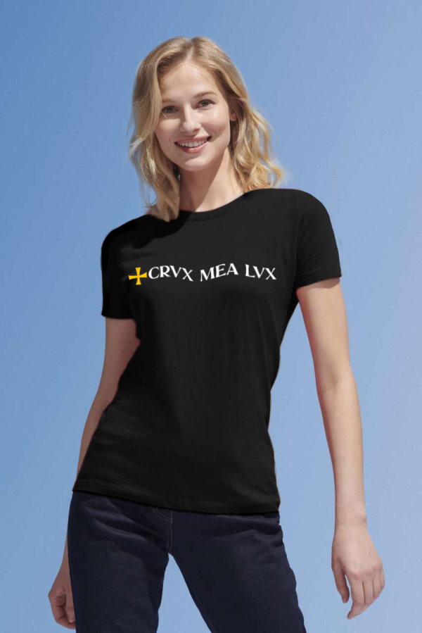 Tricou "Crux Mea Lux" - Logo galben - damă